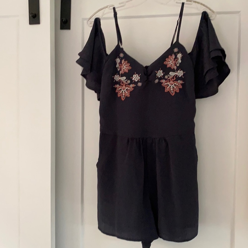 XHILARATION charcoal blue/grey embroidered romper jumpsuit S